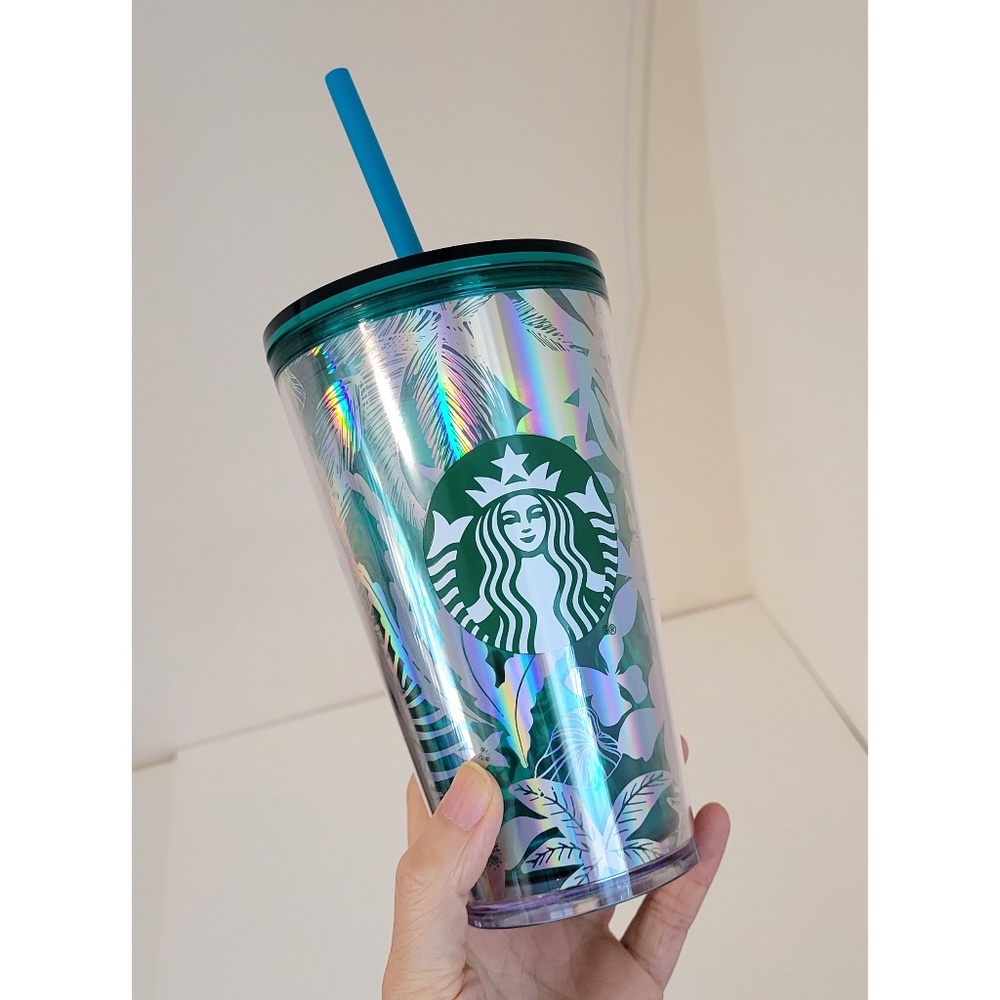 Starbucks Tropical Holographic Iridescent Tumbler 2022 Summer floral leaves